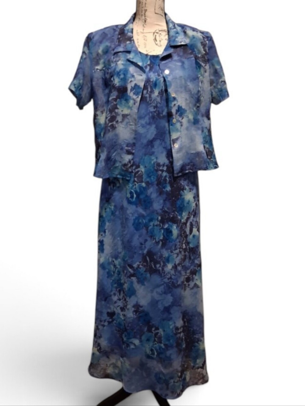Blue Floral Maxi Dress. 2-piece. Size 14 Petite
